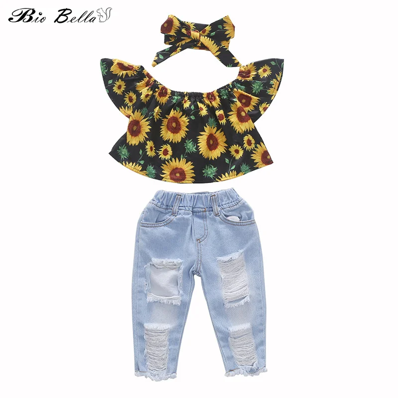 Fashion Summer Kids Clothing Set Baby Girl Off Shoulder Tops Girls Sunflower Shirt Ripped Denim Jeans 3Pcs Outfits