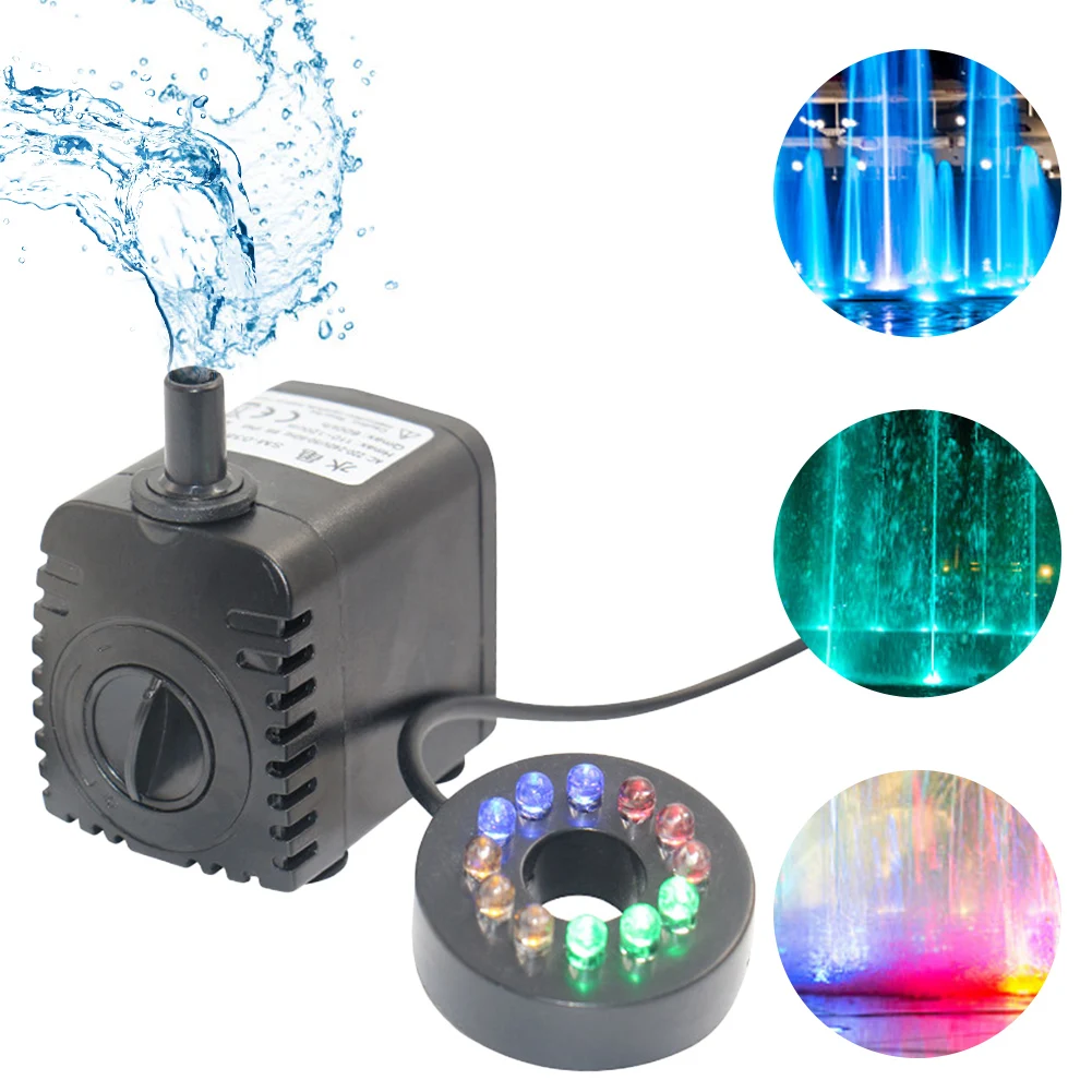 8W 600L/H Submersible Water Pump Aquarium Fish Tank Fountain Pond Garden Landscape Cleaning Pump with 12 LED Lights