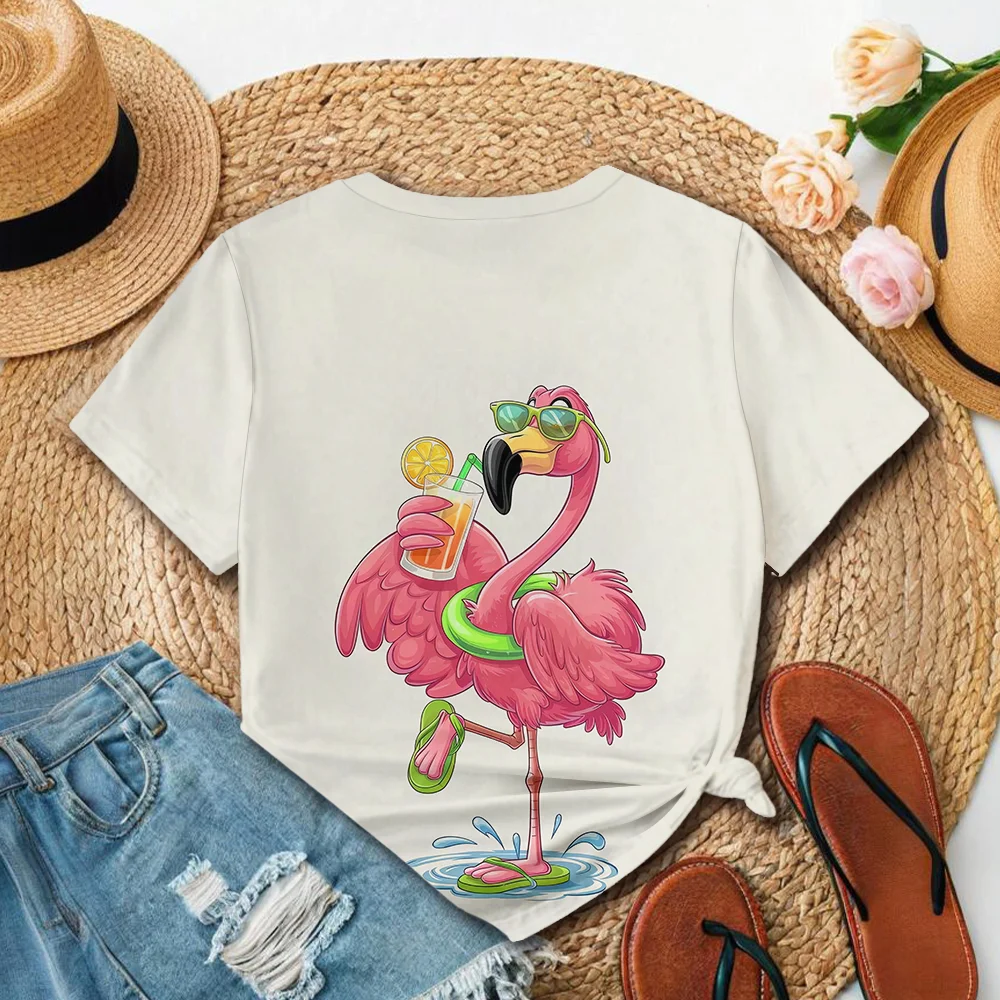 Wit T-shirt voor dames met cartoon-flamingo-kunstprint Casual zomerstijl Top met ronde hals en korte mouwen voor dagelijks Y2K-streetwear