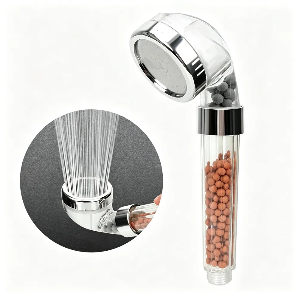 Multi-Function High Pressure Transparent Handheld Filter Shower Head with Natural Mineral Balls Hard Water Purifier