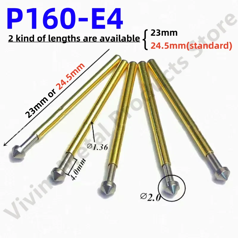 

100pcs Pogo Pin P160-E4 Spring Test Probe P160-E Nickel Plated PCB Test Pin Needle Head Dia 2.0mm 23mm or 24.5mm Pin Dia 1.36mm