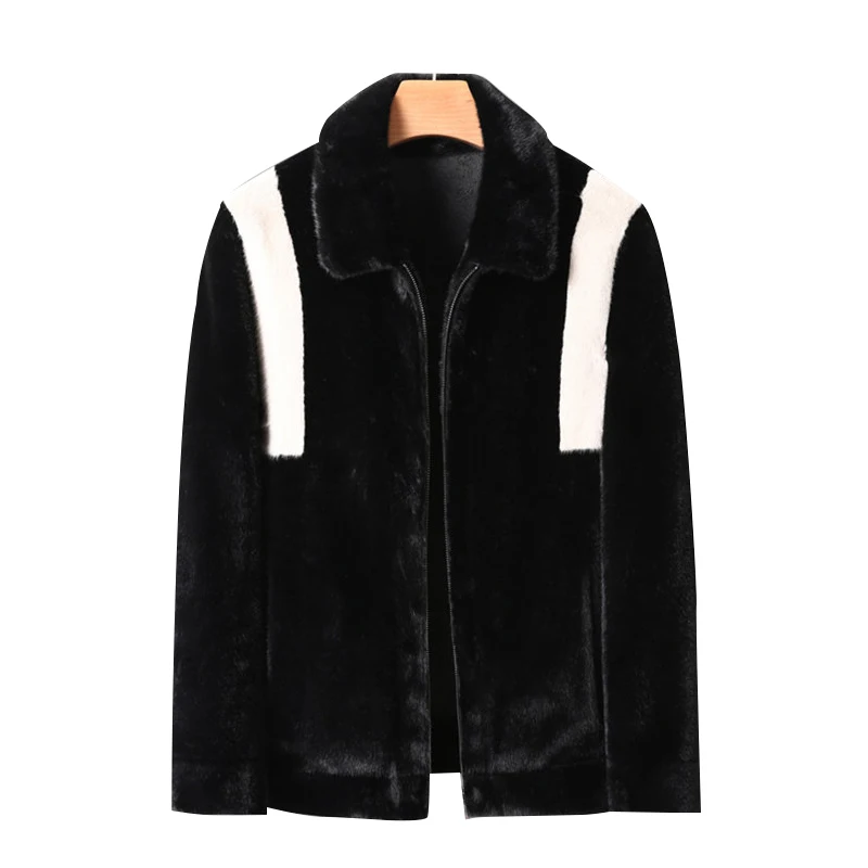 เสื้อแจ็คเก็ตขนเฟอร์เทียมแบบสั้นสำหรับฤดูหนาวใหม่ รุ่นดีลักซ์ สำหรับผู้ชาย ปกพับได้ สีดำ นุ่ม อุ่น เสื้อโค้ทขนเทียม แขนยาว
