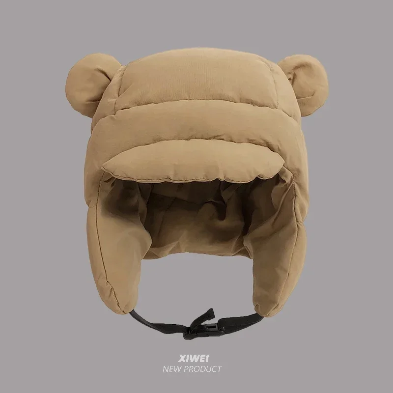 Ins New Cute Bear Ears Padded Bomber Hats for Women Autumn Winter Outdoor Warm Casual Versatile Retro Pilot Caps for Men