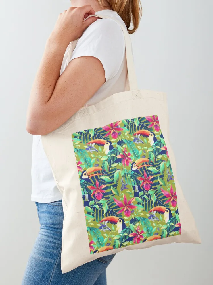 

Tropical toucans seamless pattern summer Tote Bag canvas shopping bag custom tote bag shopping logo foldable reusable