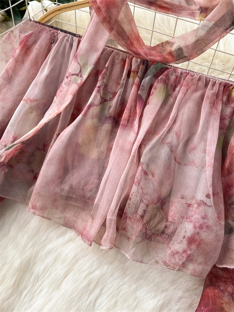 Women Beach Chiffon Two Piece Sets Summer Sexy Off Shoulder Printed Crop Top Ruffled Short Skirt Print Suits Female Boho Ouftifs