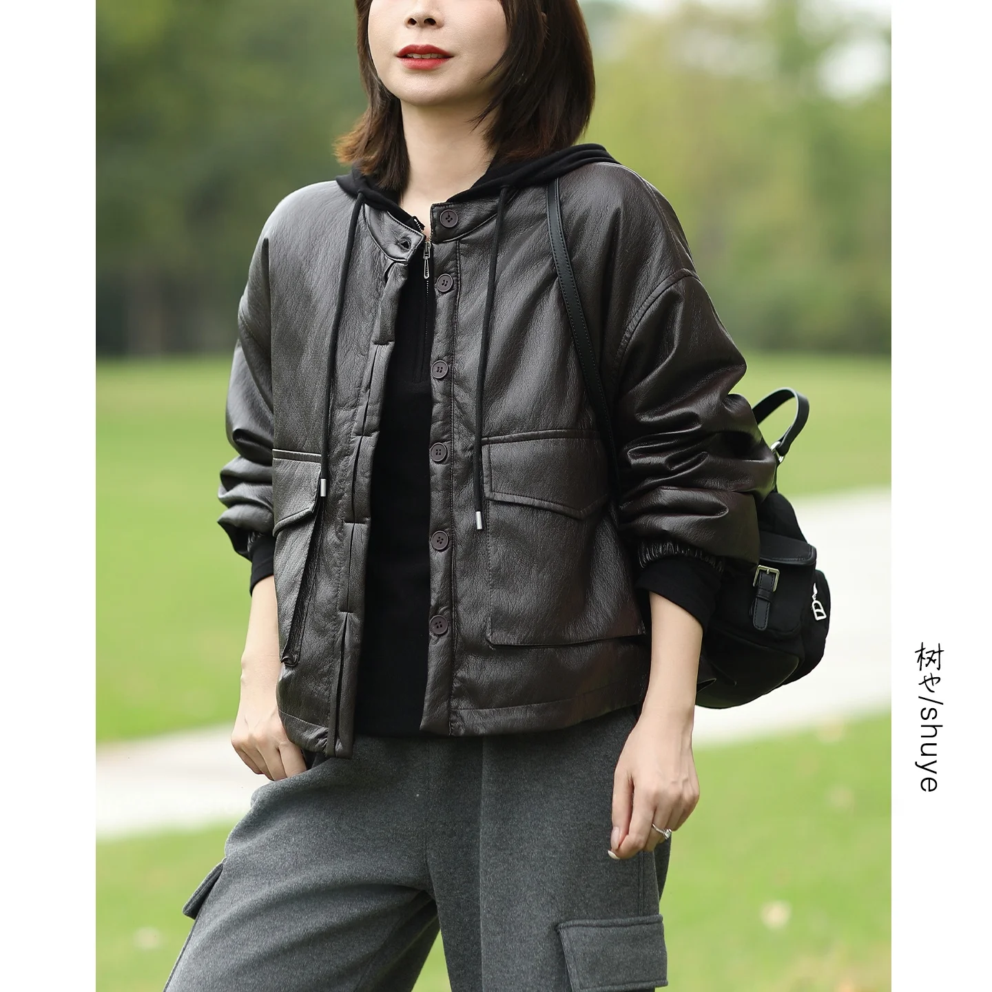 

Thiened Protein Leather Jaet Cotton ket Warm Faion Workwear Sle Women's Coat Soft Hand Feel Long Sve Zipper Clo...