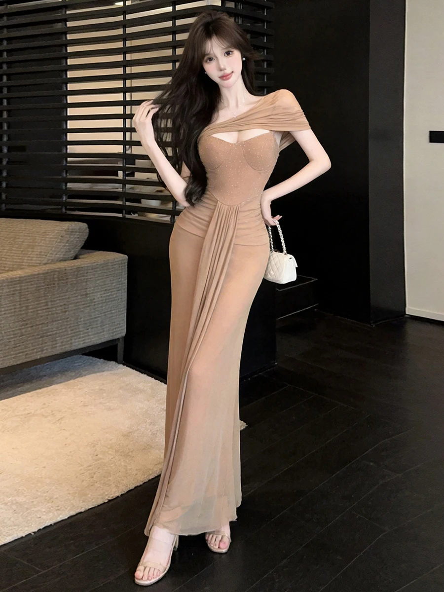 Sexy Mesh Diamond Embellished Asymmetrical Shoulder Dress High Waist Slimming Bodycon Skirt Wraparound Spring Summer Autumn