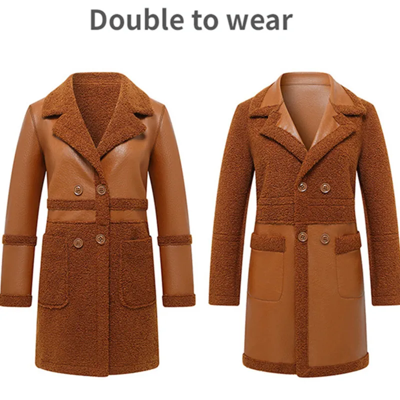 Plus Size Reversible Women Winter Faux Sheepskin Coat Turn-down Collar Pocket Lambskin Leather Long Coat 6XL Lady Wool Fur Coat