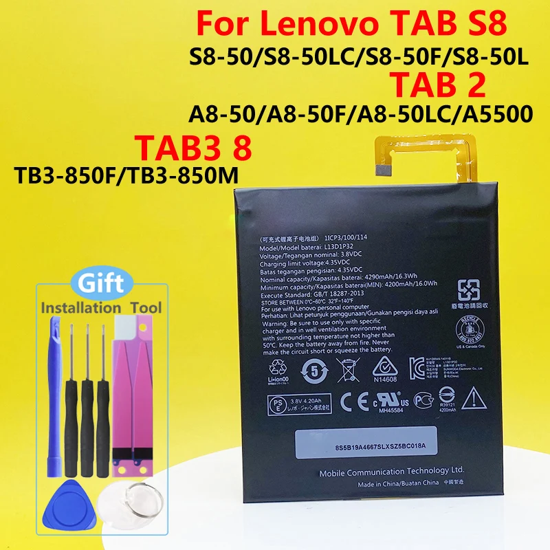 4290mAh L13D1P32 Battery For Lenovo TAB S8 S8-50/S8-50LC/S8-50F/S8-50L/TAB2 A8-50/A8-50F/A8-50LC/A5500 TAB3 8 TB3-850F/TB-850M