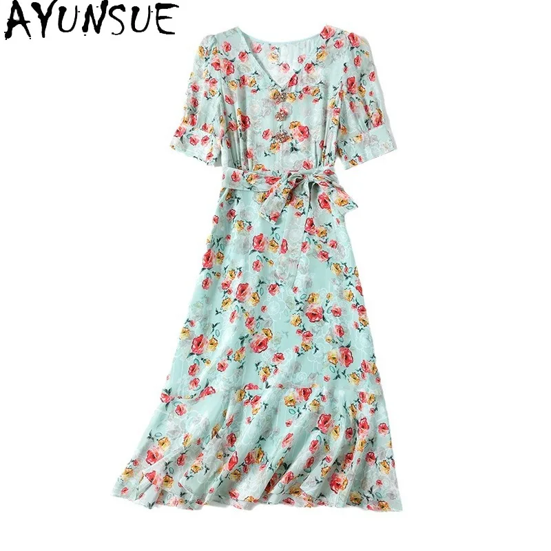 AYUNSUE 100% Mulberry Silk Dresses for Woman Mid-length V-neck Dress Floral Summer Dresses 2026 Woman Clothes Elegant Vestido