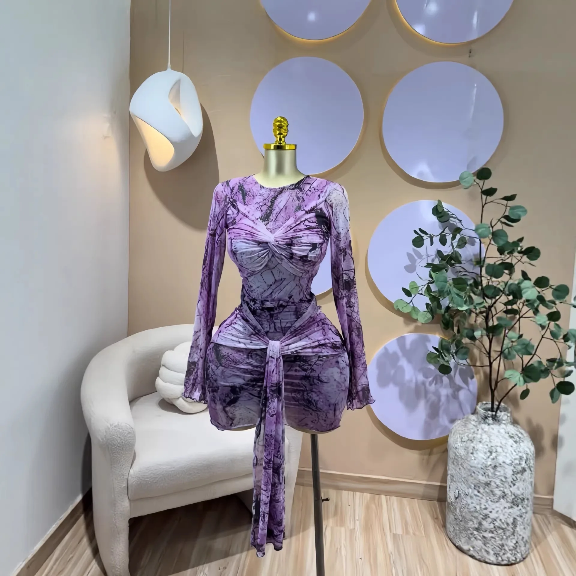 

Women's 2026 Spring New Long-Sleeve Round-Neck Wrap-Bust Waist-Cinching Ribbon-Hem Short Dress