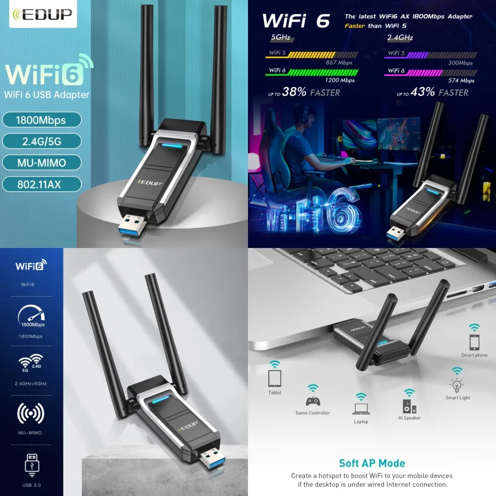 

EDUP for RTL8832AU AX1800Mbps WiFi 6 USB Adapter Wireless Network Dongle for Laptop Desktop PC Windows OS Linux High