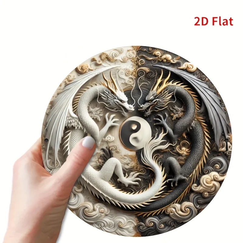 مسطح ثنائي الأبعاد، طباعة مسطحة ثنائية الأبعاد، قطعة واحدة، لافتة قصدير معدنية من Yin-Yang Dragon، لافتة دائرية حديدية، مسطحة ثنائية الأبعاد، زخرفة معلقة، إكليل مركزي #5