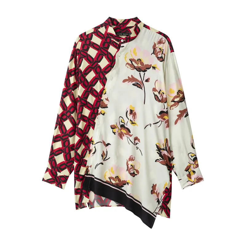 2026 Autumn Women Spliced Print Blouse Vintage Floral Geometric Patchwork Long Sleeve Asymmetrical Hem Button‑Up Shirt