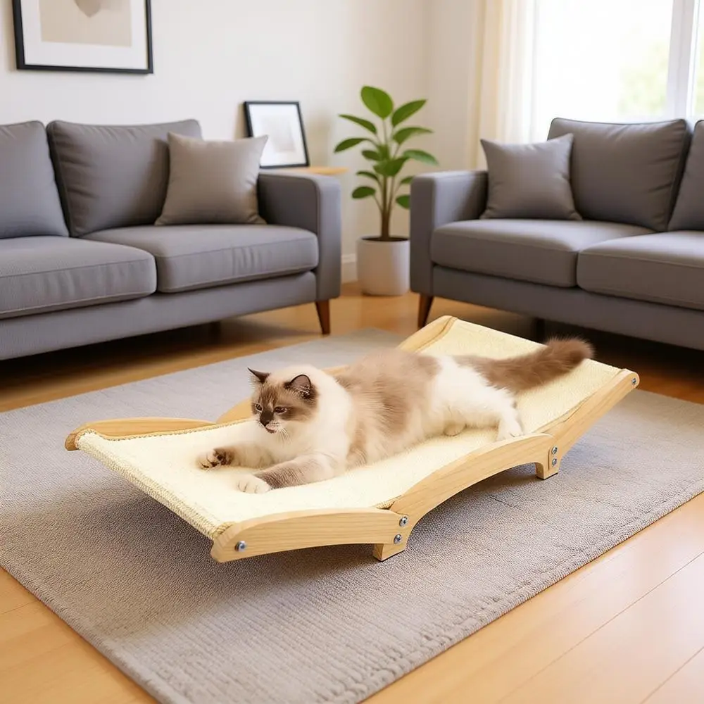 

Очень большая сизалевая когтеточка-лежанка с основанием из массива дерева, для царапания, отдыха и сна, устойчивая конструкция с защитой от опрокидывания, без краски и экологически безопасная.