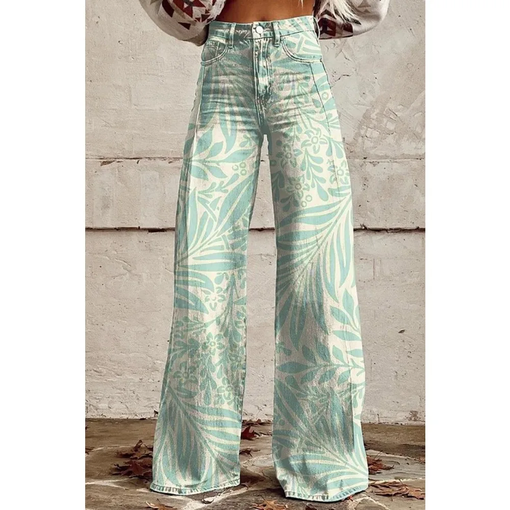 Damen Blaue Orientalische Pflaumenblüten-Druck Hose mit Hoher Taille und Weitem Bein Vintage Blumenmuster Y2K Ästhetik Lose Hose Retro Streetwear – Detail 18