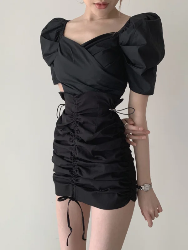 Korean Style Sweet And Spicy Bubble Sleeve Shirt V-Neck Front Cross Waist Drawstring Slim Fit Top for Women Casual Wear
