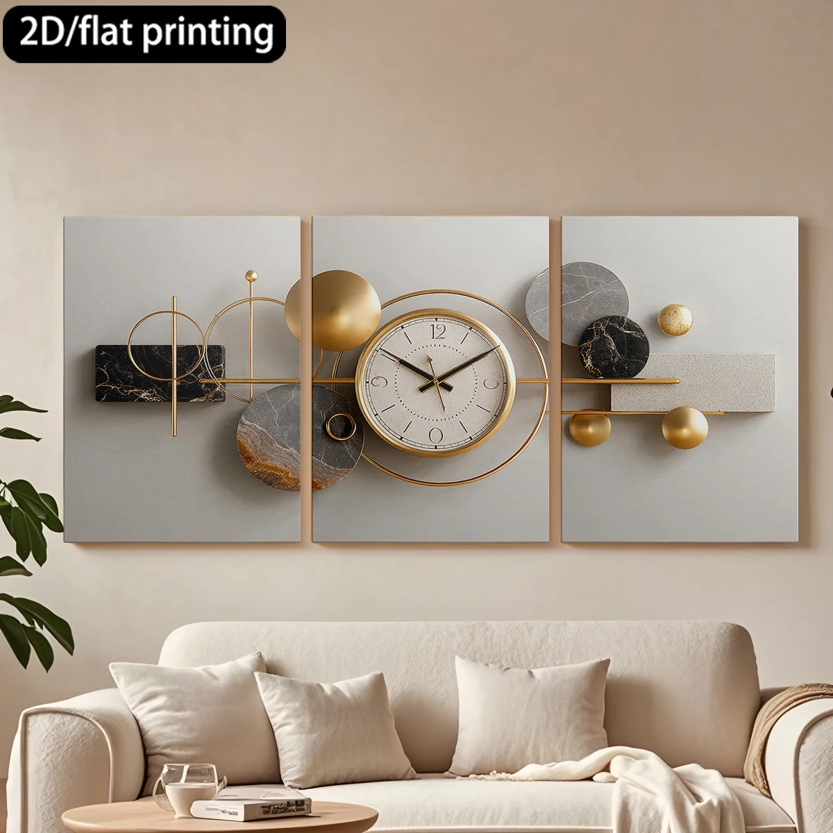 

2D плоская печать, 3-х частная деревянная рамка, декоративная картина на холсте, настенные часы, геометрические формы, мрамор. Декор для коридора и спальни.