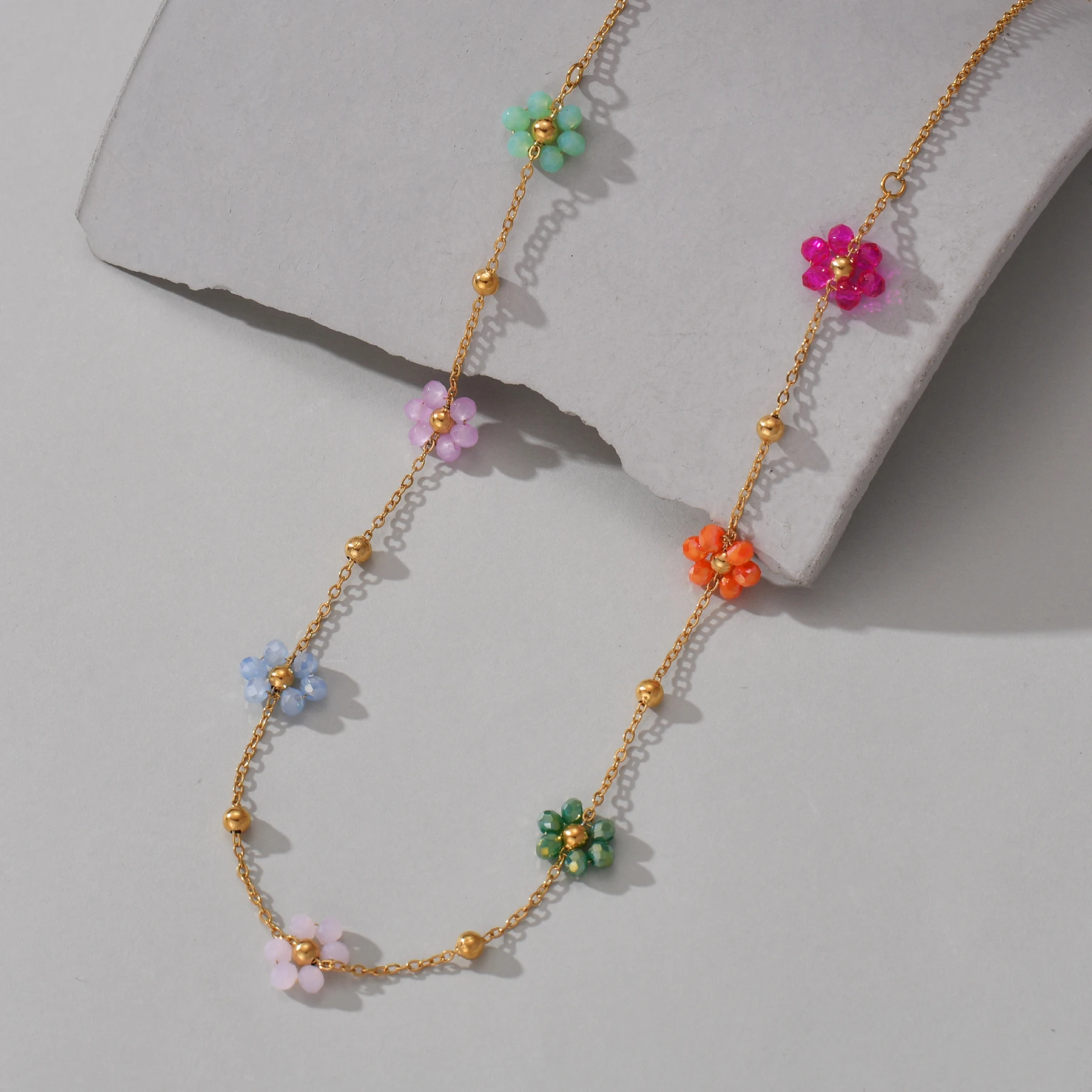 Freeteeme Colorful Artificial Crystal Flower Necklace Bracelet for Women Girl Stainless Steel Jewelry Set Gold Plated Chain Gift