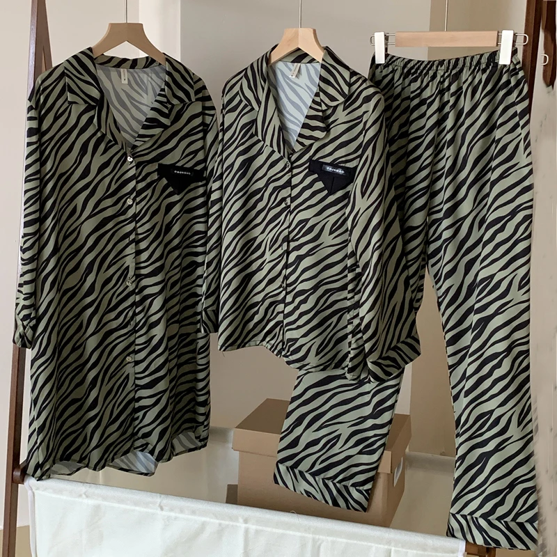 Female Pajamas Sexy Print Zebra Green Stripe Sleepwear Pijamas Suit Spring Autumn Long Sleeve Nightwear Loose Satin Home Wear