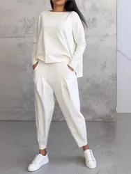 Women's Solid Sports Set Fashion Loose Long Sleeve Pullover O Neck Top And Pocket Harem Pants Two Piece Set Spring Autumn New
