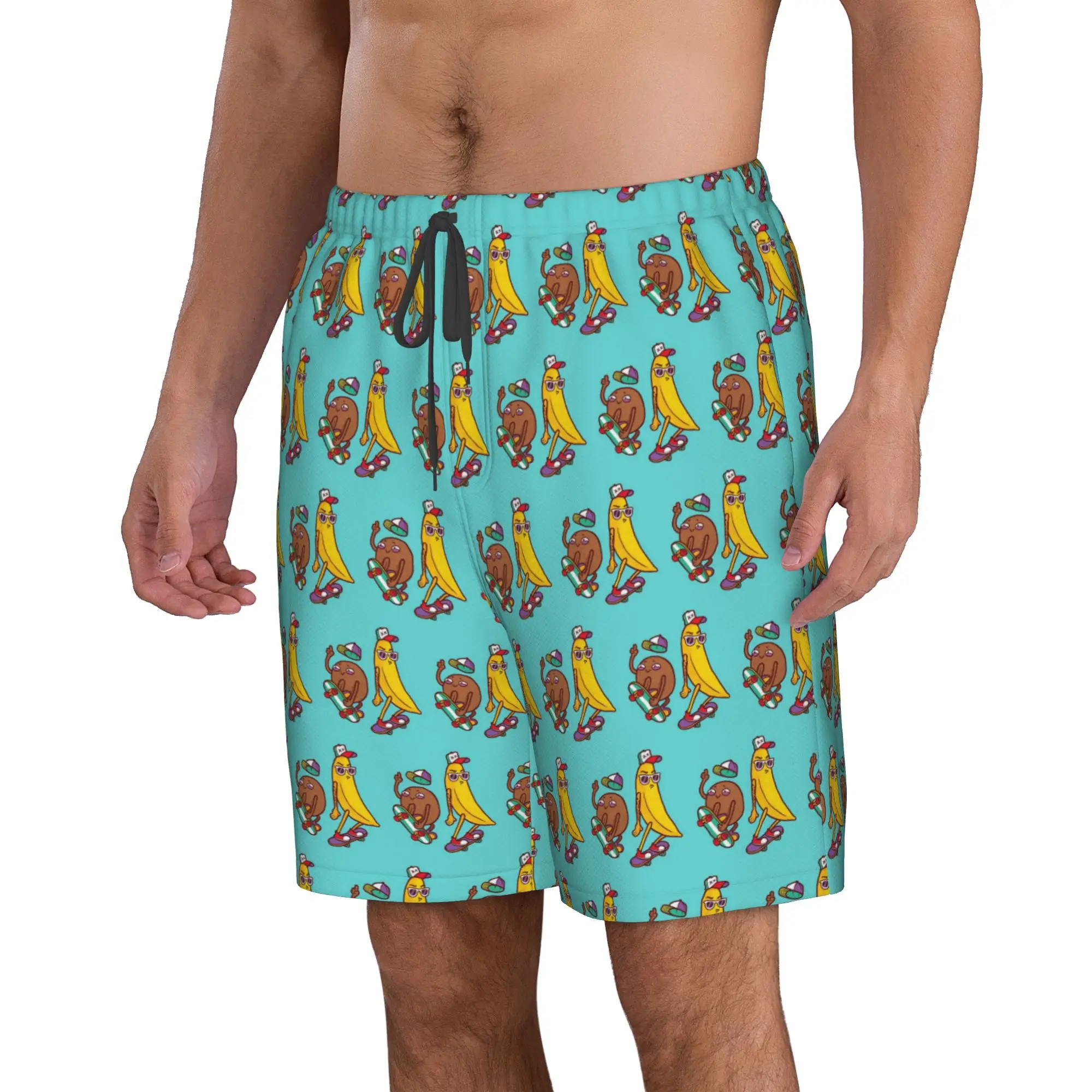 Fun Banana Playing Skateboard Pattern Trunks Beach Board Shorts Casual Quick Dry Swim Summer Men Pants