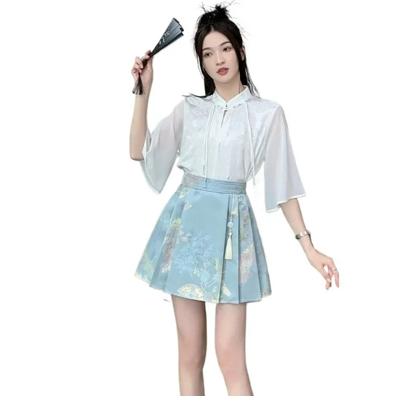 New Chinese-style Satin Woven Gold Jacquard Horse Face Summer New Spring and Summer Chinese Style Half Skirt with Small Pleats