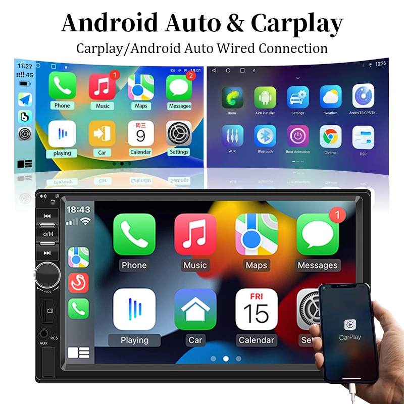 Hippcron 7” 1 Din Car Radio MP5 Multimedia Video Player With HD Touch Screen Autoradio For Wired Carplay And Android Auto