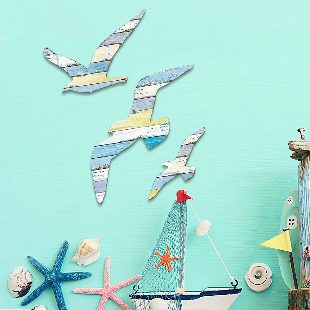 

6 pcs Mediterranean Seagull Wall Decor Handmade Wooden Hanging Ornaments Nautical Bird Statue Seaside Decoration Kids Room Walls