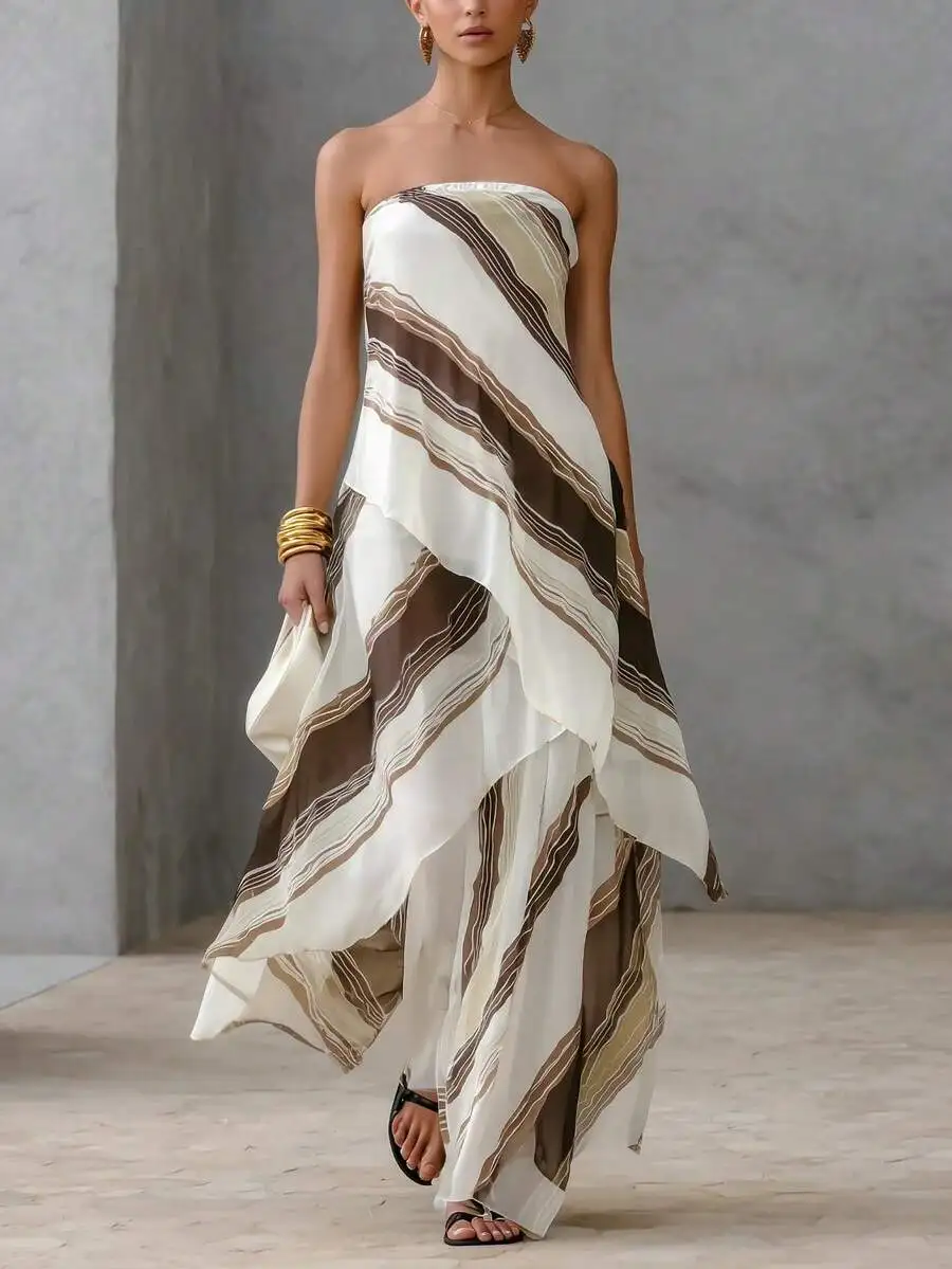XTOCEAN Women's Abstract Stripe Print Strapless Maxi Dress - Asymmetrical Layered Chiffon Flowy Bohemian For Beach Vacation