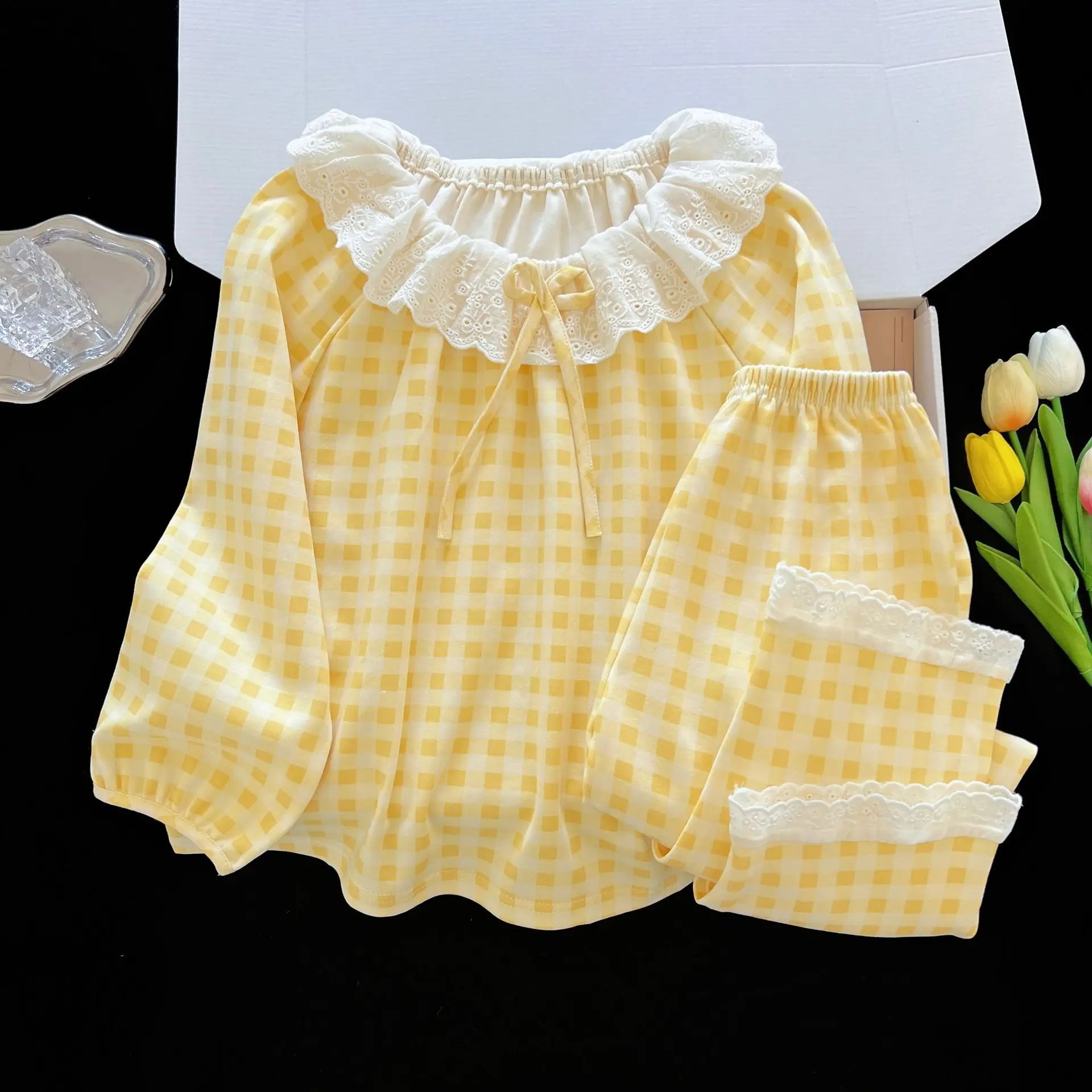 Girls Gingham Pajama Set Lace Ruffle Collar Long Sleeve Top Pants 2-Piece Kids Loungewear Pink/Purple/Blue Casual & Nightwear