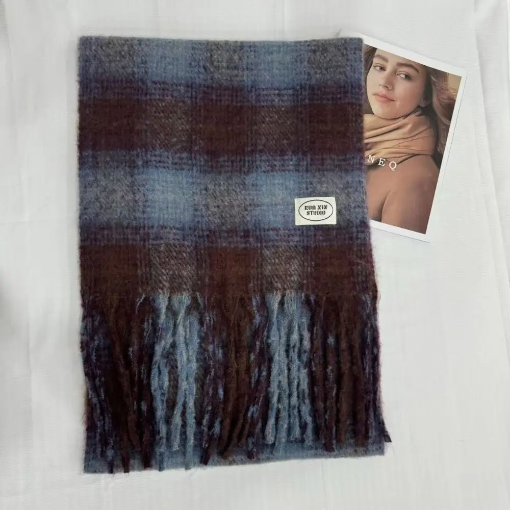Warm Women Plaid Tassel Scarf Soft Windproof Circle Yarn Shawl Cold Proof 210x40CM(82.68x15.75in) Winter Neck Scarf Wrap Outdoor
