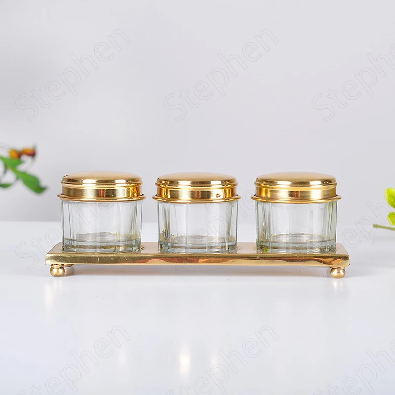 Golden Brass with Glass Spice Organizer American Classic Three-compartment Seasoning Jar with Tray Kitchen Storage Container