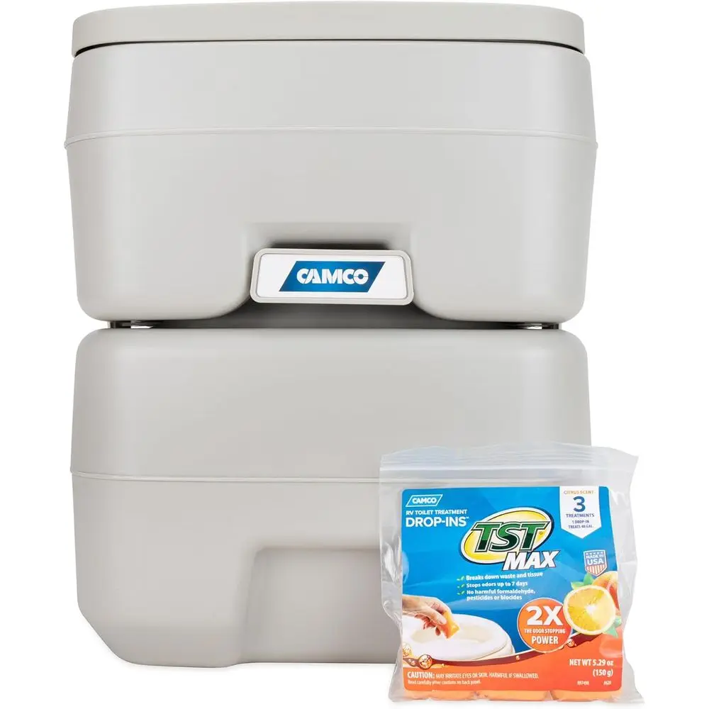 5.3-Gallon Portable Toilet - Features Detachable Holding Tank w/Sealing Slide Valve & Bellow-Type Flush - Easy Transport w/Compa
