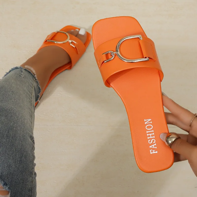 Fashion Simple Style Solid Lightweight Women's Slippers 2026 New Metal Decor Square Toe Casual Women Shoes Босоножки Женские