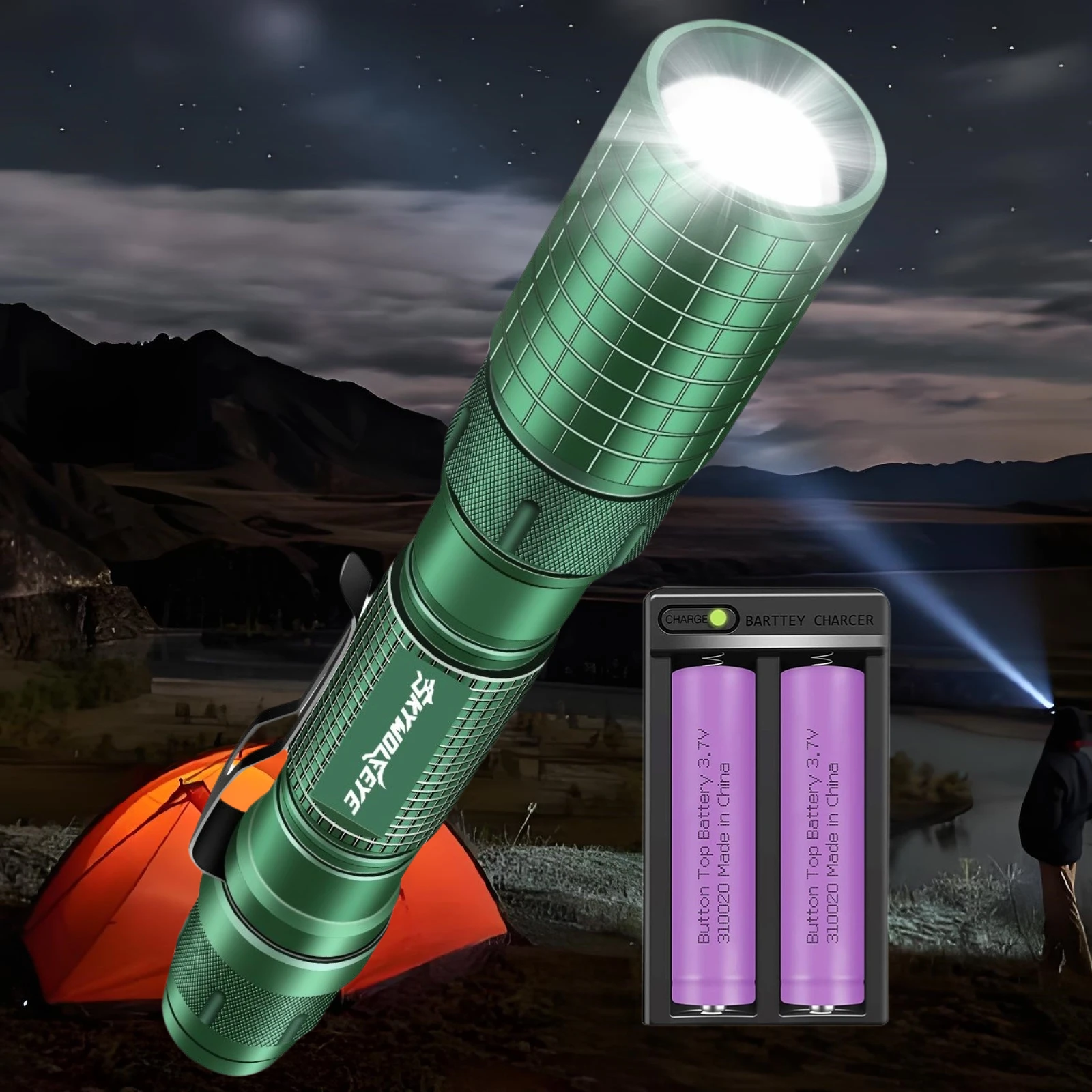 Skywolfeye Super Bright LED Flashlight Waterproof Emergency Light with Batteries and 2-Slot Charger for Hiking