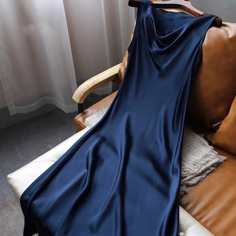 BirdTree OEKO-TEX 100%  Silk Dress,Women Satin Swinging Collar Sleeveless Dresses,2025 Summer Elegant Dresses D5O110JF