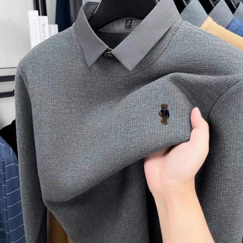 designer original Men's Autumn winter new false two-piece lapel high quality luxury knitwear sweater keep warm Men clothing tops