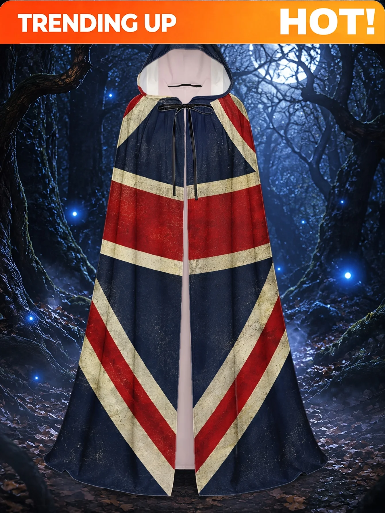 Customization 1pc Polyester Hooded Costume Cape With Union Jack Pattern, Designed For Adults To Wear During Halloween Trick-Or-T