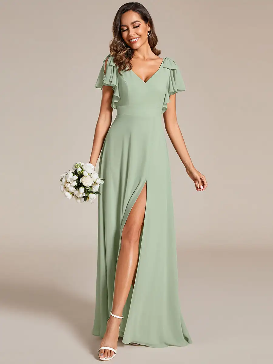 

Elegant Evening Dresses Split Ruffles Sleeves with Bowknot V-neck 2025 Ever Pretty of Chiffon Mint Green Bridesmaid Dress