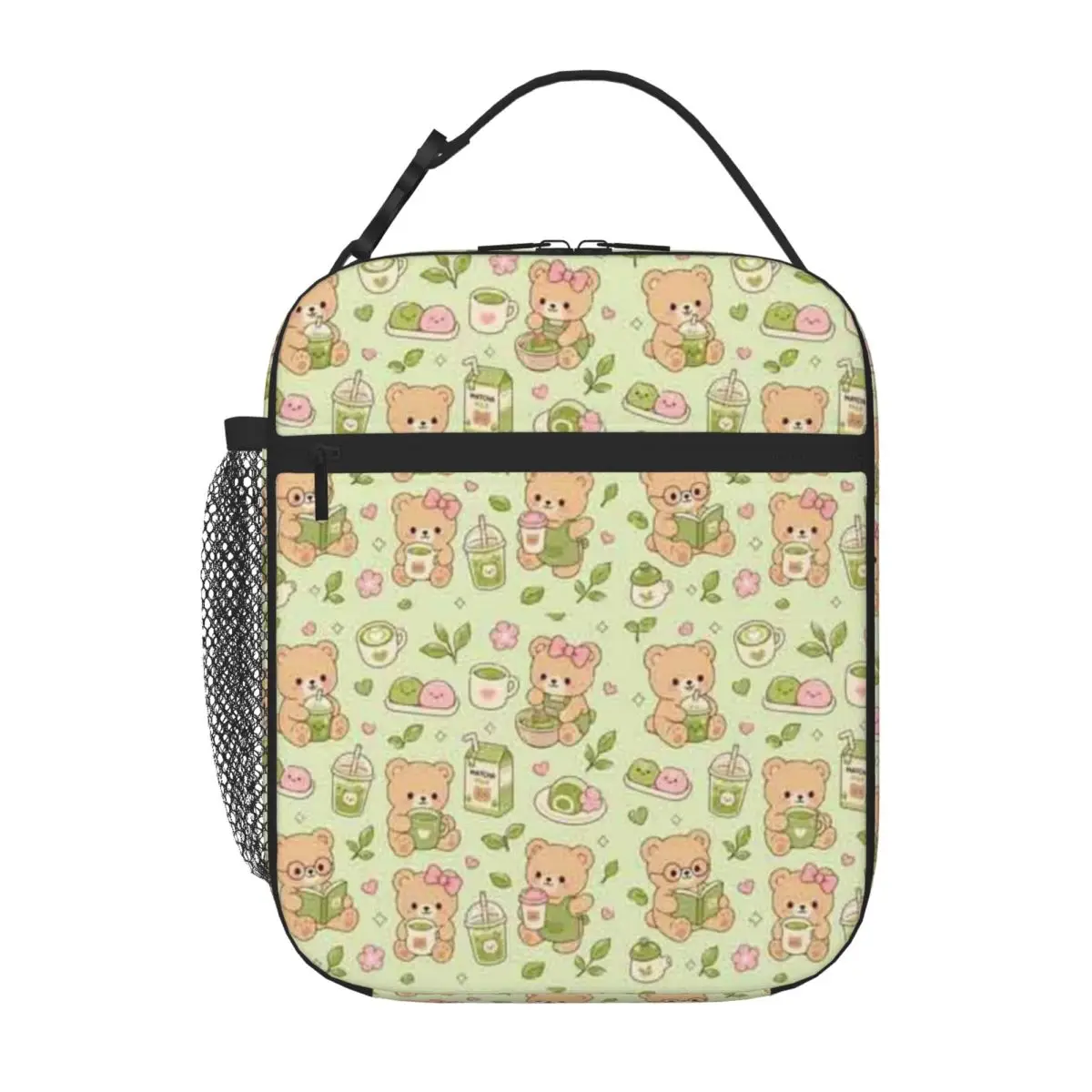 Bestselling Matcha Teddy Bear Coffee Kawaii Pattern Polka Dot Picnic Lunch Bag Errand Run Canvas Lunch Bag