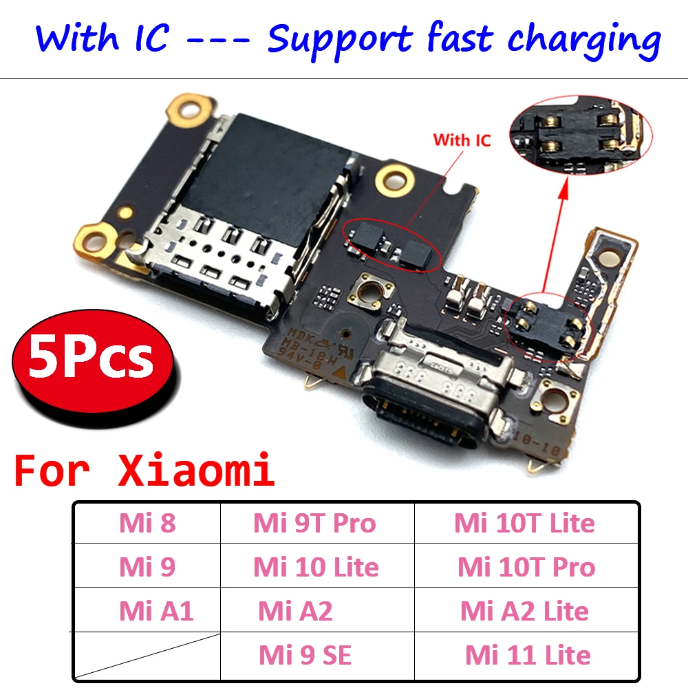 5Pcs，USB Charging Port Board Flex Connector Microphone Modul For Xiaomi Mi 8 9T A2 10 11 Lite 10T 11T Pro 9 se A3 fast charging