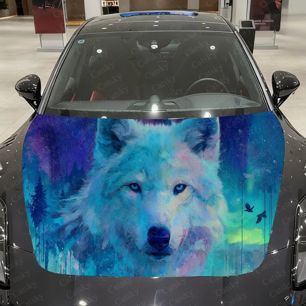 Wolf & Starry Aurora Forest Car Vinyl Wrap, PVC Waterproof Car Hood Sticker, Self-Adhesive Scratch-Resistant Stickers