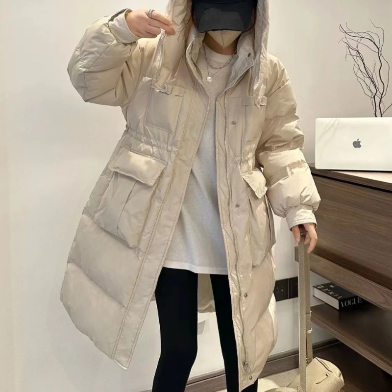 Women\'s Hooded White Duck Down Jacket, Long Section, Warm, Thick, Korean Version, Waist, Fashionable