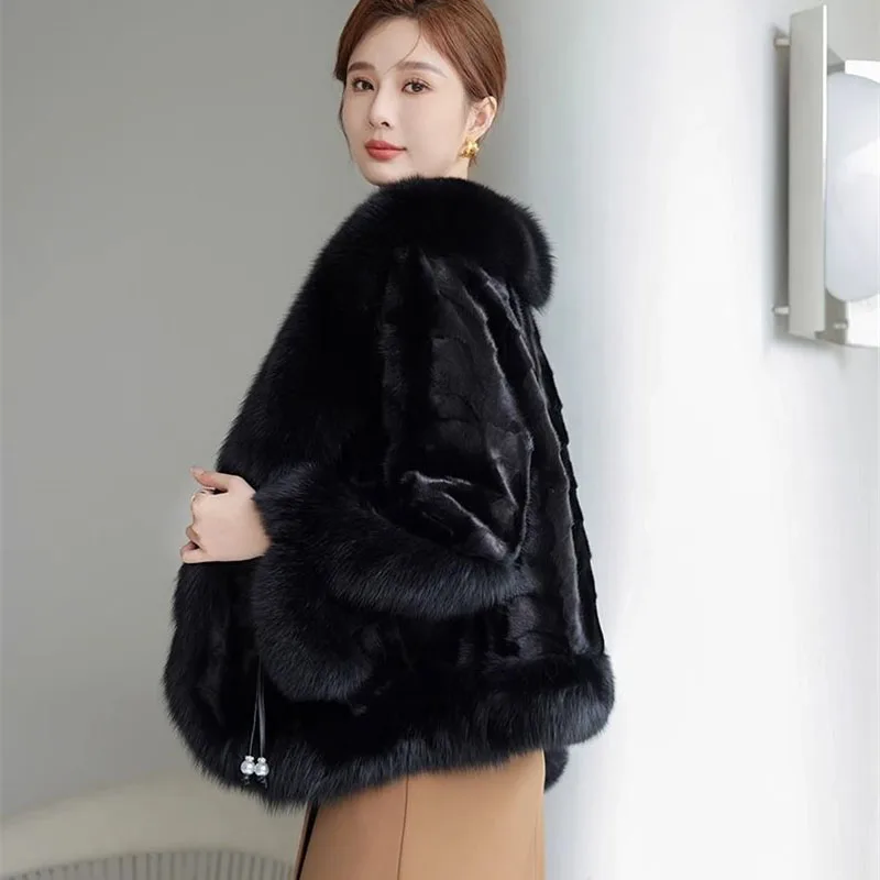 Women Faux Fur Coat Mink Fur Short Jacket Streetwear Fox Fur Collar Black Fur Outerwear Female Fashion Fur Jackets Autumn Winter