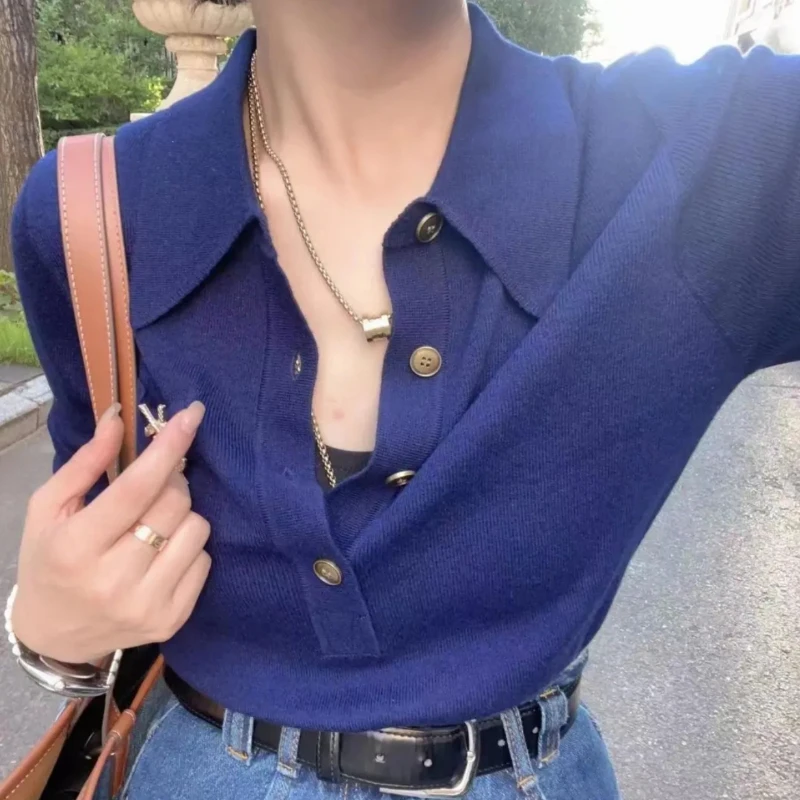 Short-sleeve T-shirts Women Leisure Vintage Pure Chic BF Office Lady Knitted New Summer All-match Popular Korean Style Simple