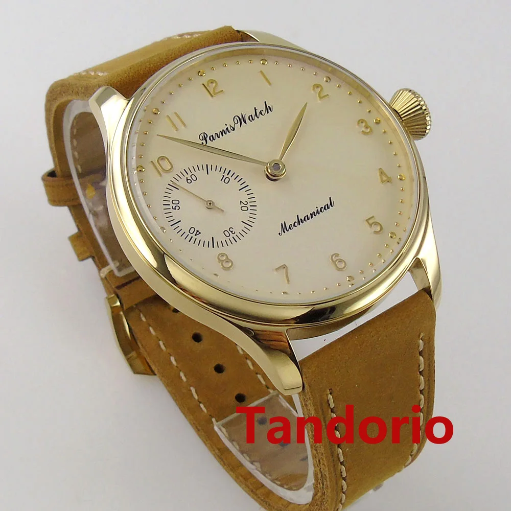 44mm Parnis Fashion 6497 Hand Winding Movement Beige Dial Golden Plated Polished Men Watch Glass Back Small Dial Leather Strap