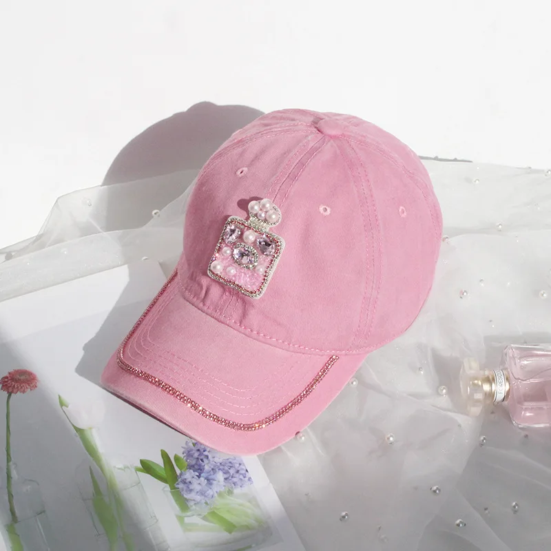 

Designer Brand Luxury Crystal Perfume Bottle Modelling Baseball Cap For Women Pink Grace Temperament Fashion Sunshade Visor Cap