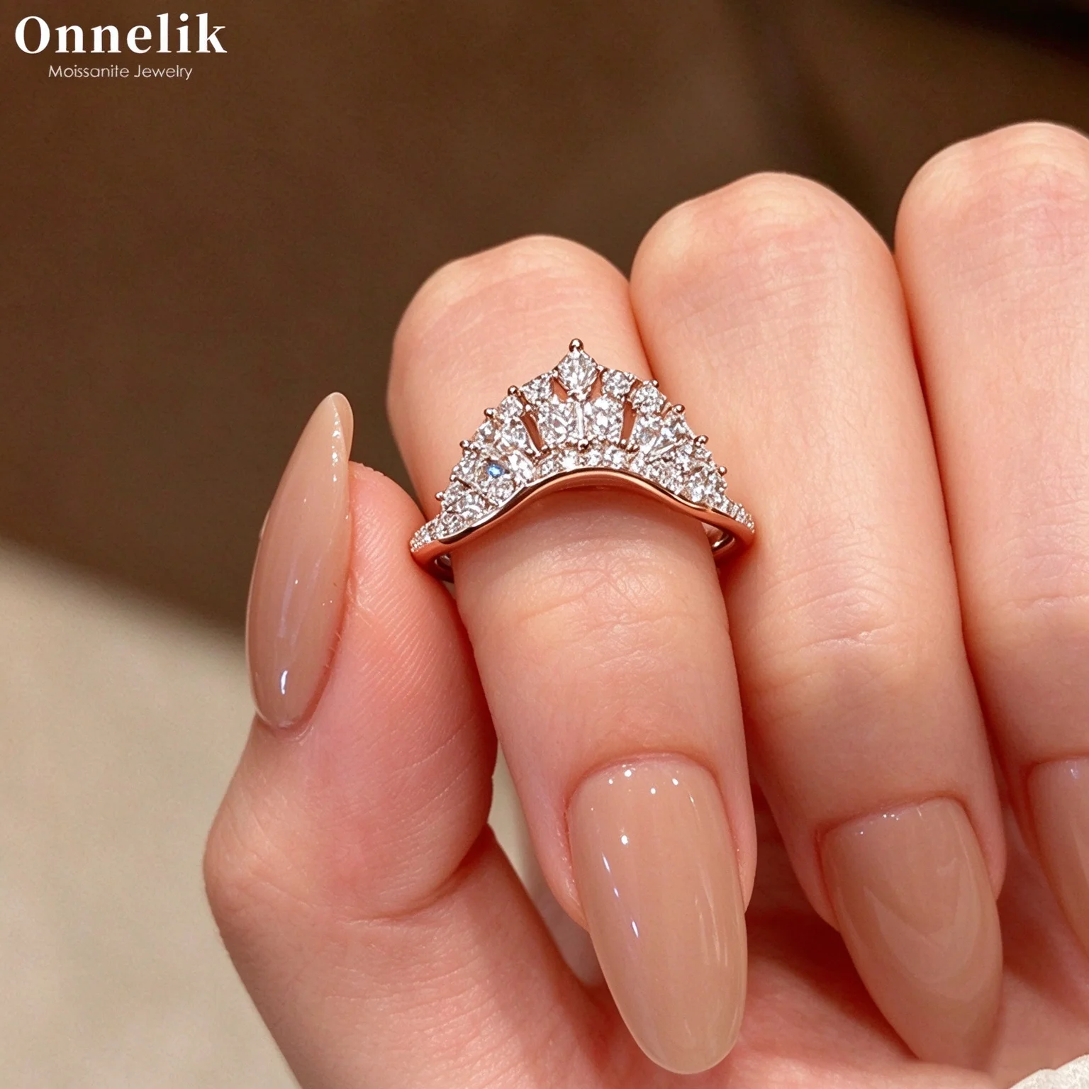 Onnelik Full D-VVS1 Moissanite Crown Ring 18K Gold Plated S925 Sterling Silver Wedding Engagement Fine Jewelry Gift for Women