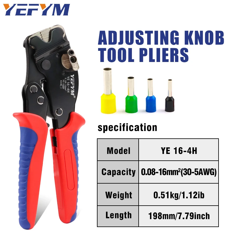 Ferrule Crimping Tools YE 16-4H 0.08-16mm²/30-5AWG Tubular Wire End Terminal Mini Pliers Adjusting Knob Electrician's Clamp